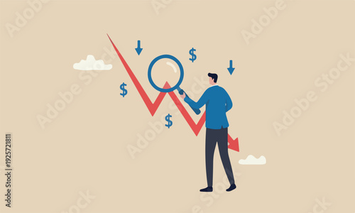Market crash from failure crisis and recession data, analyze or measure investment downturn concept, businessman analyst using magnification glass to look at red crash graph arrow.