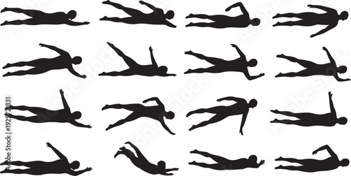 Silhouettes of swimmers performing various swimming strokes and poses in water