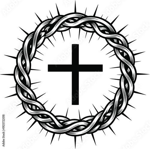 A black and white illustration of a thorny crown with a cross in the middle symbolizing christianity and faith