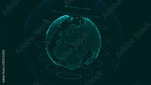 A digital model of the Earth, assembled from glowing dots and lines. The image symbolizes the unity of the world, technology, and the future of digital civilization.