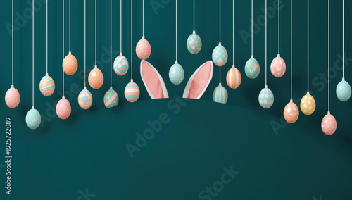 Easter bunny ears with hanging colorful eggs on dark teal background with Happy Easter text