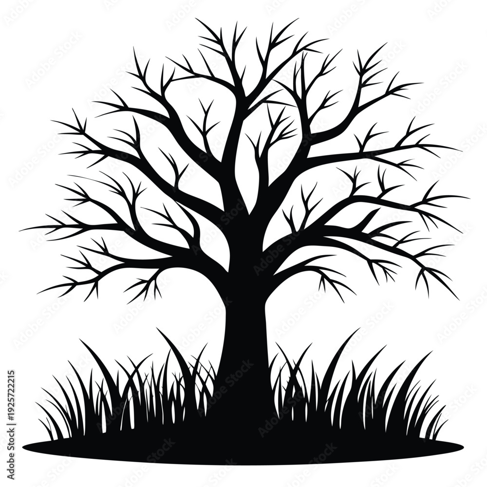 Obraz premium monochrome silhouette leafless tree with grass silhouette line art vector illustration with a white background