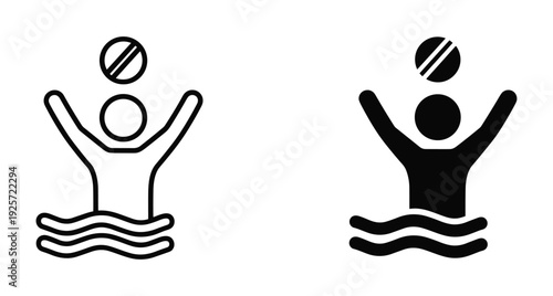 Black and white vector icons of an athlete playing water polo in a pool