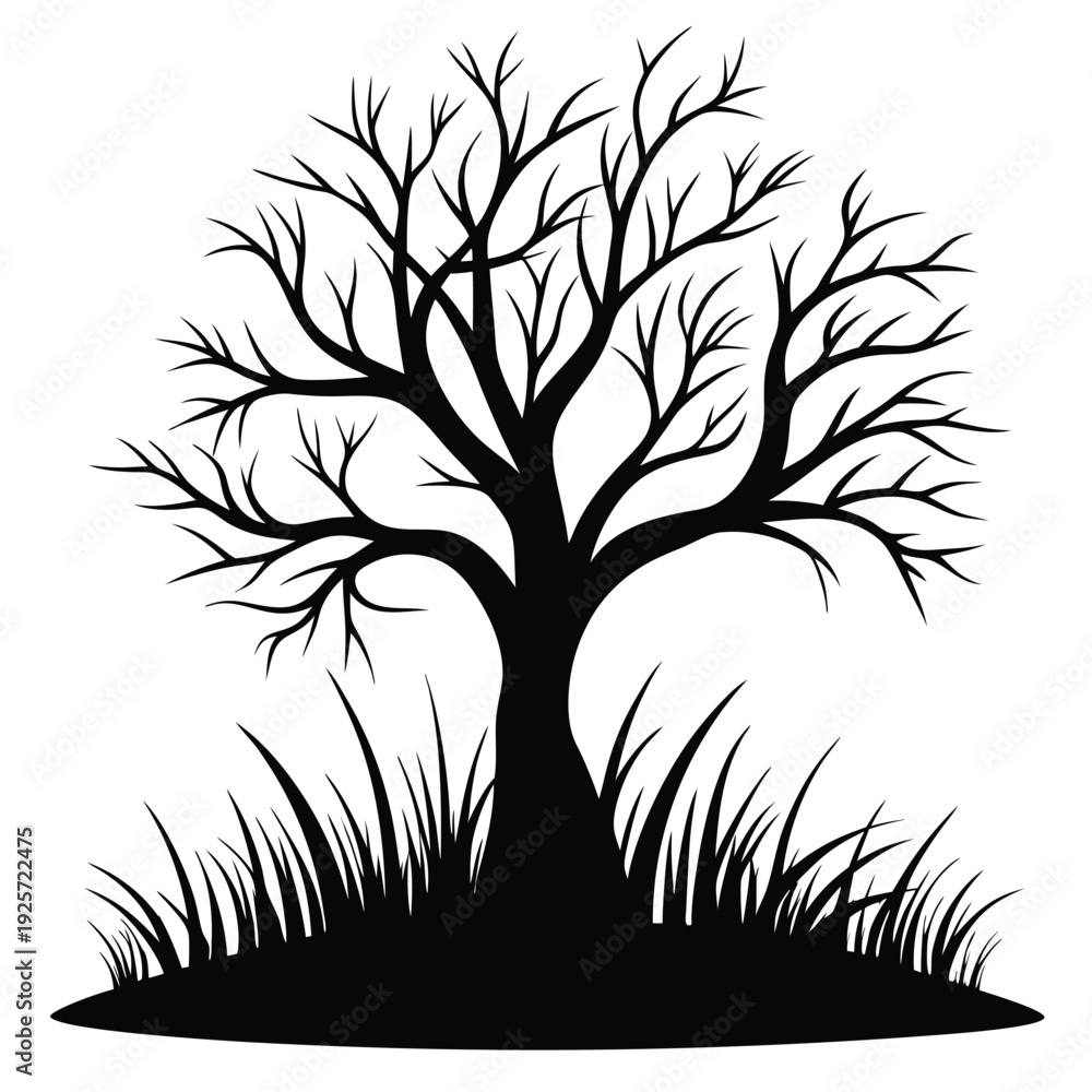 Obraz premium monochrome silhouette leafless tree with grass silhouette line art vector illustration with a white background