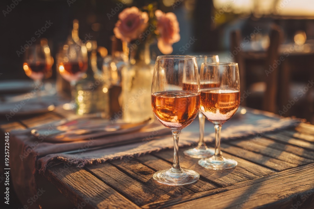 Naklejka premium Rosé wine glasses on rustic table during sunset celebration