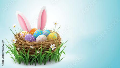 Easter bunny ears in nest with colorful eggs and flowers on grass