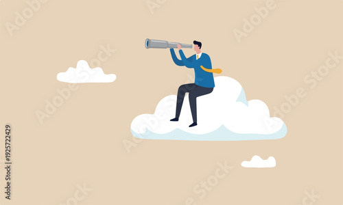 Business, leadership vision to see company strategy to achieve target concept, smart businessman riding high cloud holding telescope or binocular to search for business visionary