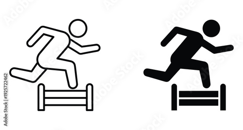Minimalist black and white icons of an athlete jumping over a hurdle obstacle