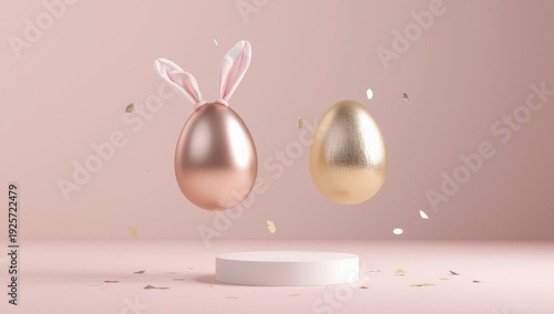 Two shiny easter eggs with bunny ears and confetti on pink background shiny eggs