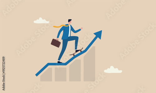 Growth business achieve goal, progress or improvement, career development or financial profit earning, businessman with skateboard prepare to run on growth rising graph