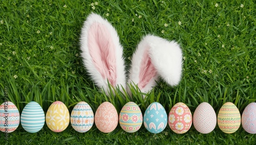 Easter bunny ears and decorated eggs on green grass with small white flowers