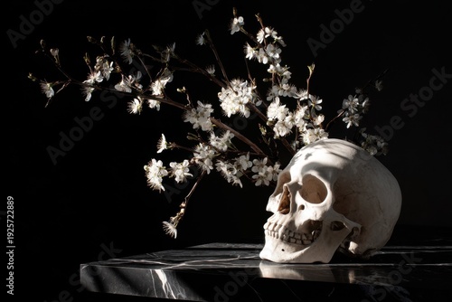 Skull and blooming cherry blossoms depicting memento mori concept