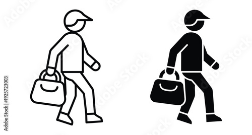 Person wearing a cap walking while carrying a handbag in two graphic styles