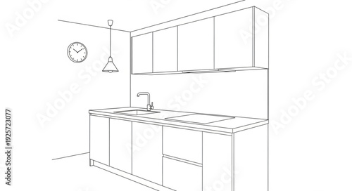 Architectural drawing of a modern kitchen interior design.