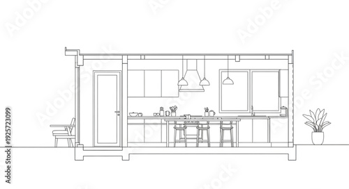 Architectural drawing of a modern kitchen interior design.