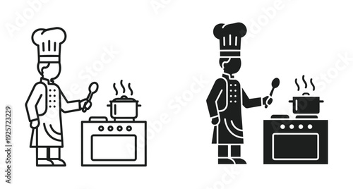 Male chef character standing at kitchen stove cooking a meal in a steaming pot