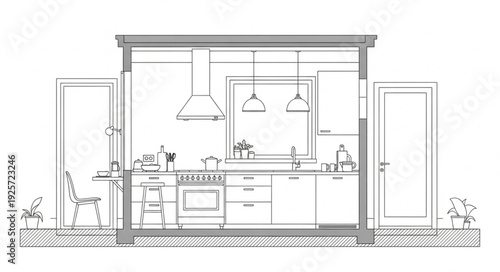 Architectural cross section of a modern kitchen interior design.