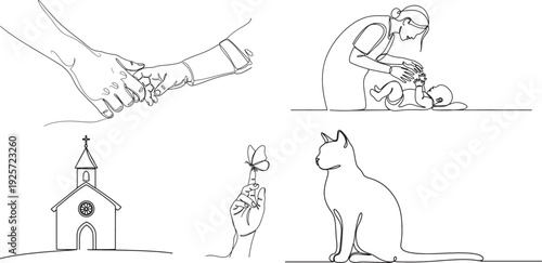 Set of line art drawings depicting human interactions and community scenes