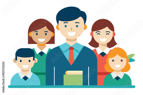 Colorful diverse group of five smiling individuals in a flat design illustration style