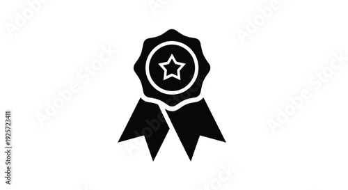 Black and white icon of a star within a circular badge with ribbons