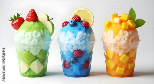 Three colorful fruit topped shaved ice drinks in plastic cups against a white background isolated on white background