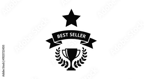 Black best seller badge with star ribbon and trophy illustration