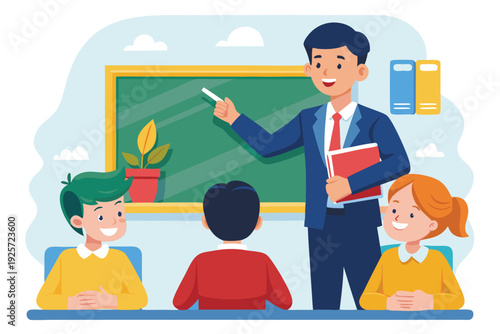 Experienced male teacher educates young diverse students in a bright, modern classroom setting