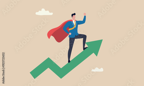 Success professional with super power, company hero who succeed in work and achieve career growth concept, confident businessman superhero with powerful red cape stand on growth arrow.