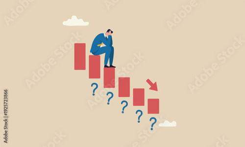 Economic recessi Coronavirus pandemic concept, unemployed businessman investor or business owner sitting on falling down bar graph, red.