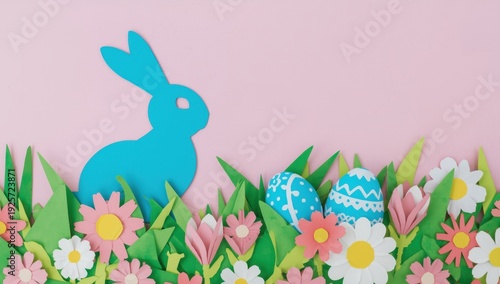 Blue Easter bunny silhouette with decorated eggs and colorful flowers in grass