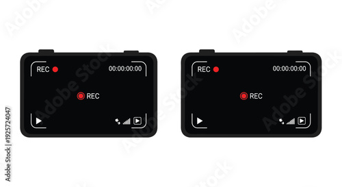 Two identical black action cameras displaying recording status on their screens