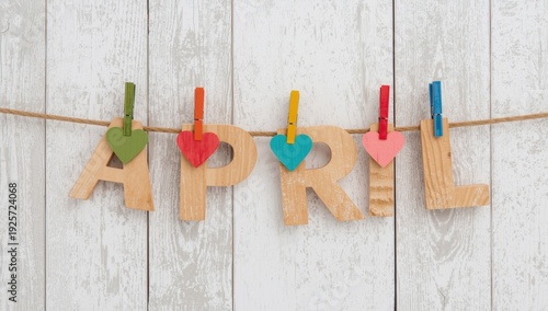 Wooden April letters with colorful hearts and clothespins on a string against white wooden background