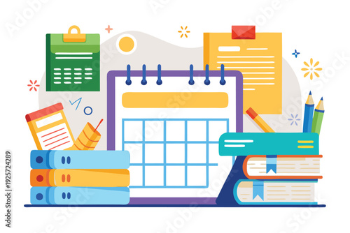 Work desk with a large calendar, stack of books, and planning documents illustration