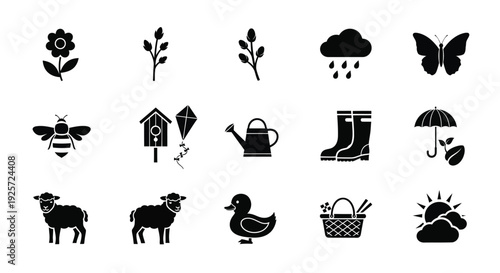 Black icons depicting spring and summer elements in a flat silhouette