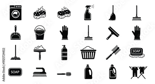 Black and white cleaning supplies icons arranged in a grid silhouette