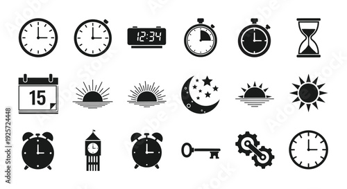 Black icons depicting time weather and celestial elements silhouette