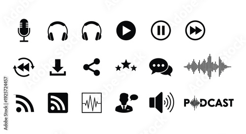Black icons representing podcasting and audio controls silhouette