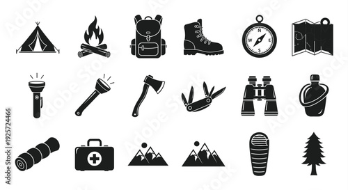 Camping equipment icons arranged in a simple black silhouette