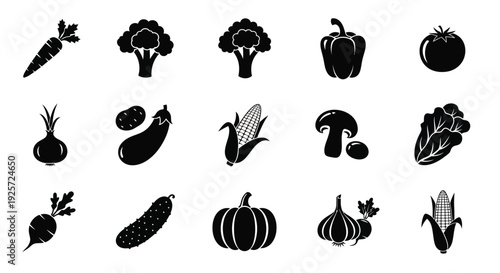 Collection of various vegetables and produce in black silhouette