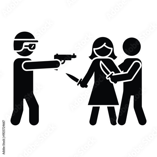 Law enforcement officer aims firearm at two suspects armed with knives during criminal activity