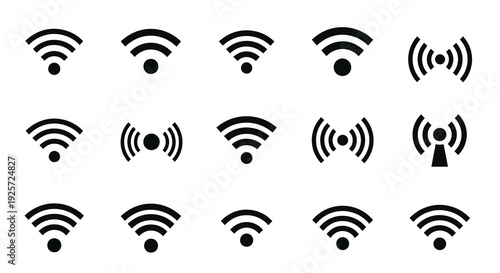 Collection of various wifi signal strength icons in black silhouette