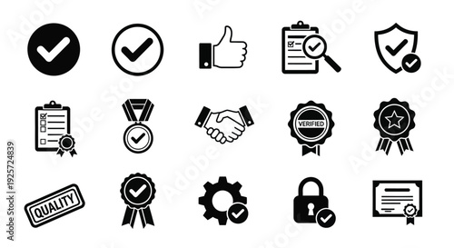 Collection of black icons representing security quality and success silhouette
