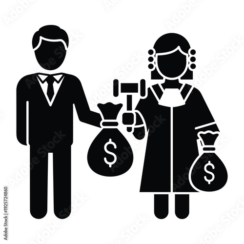 Silhouette icon of a businessman bribing a judge with cash bags in courtroom