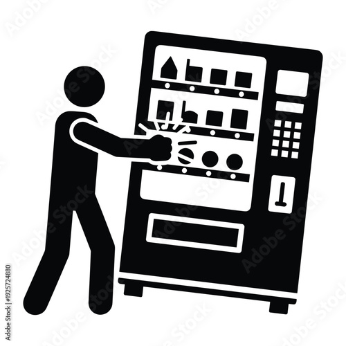 Stick figure man punching a snack machine to release food after a malfunction