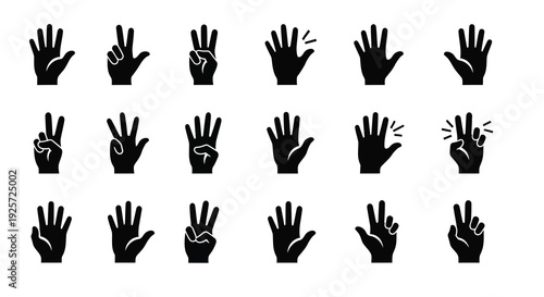 Collection of hand gestures in black arranged on a white background silhouette