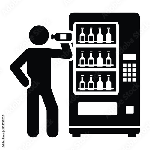 Stick figure person consuming drink purchased from a self service beverage vending machine
