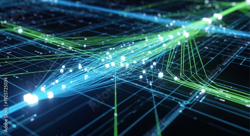 Abstract network of glowing digital connections and data streams.