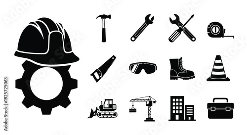 Construction tools and safety gear depicted in a dark silhouette