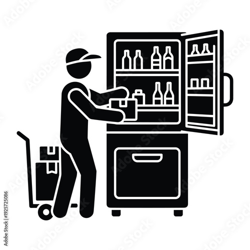 Service person replenishing glass bottles inside a fridge using a manual hand truck trolley