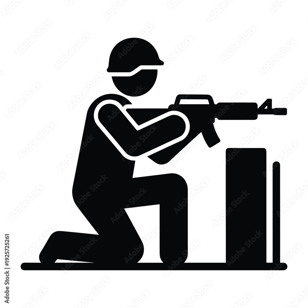 Fototapeta premium Black silhouette of soldier in uniform kneeling while holding a rifle for defense